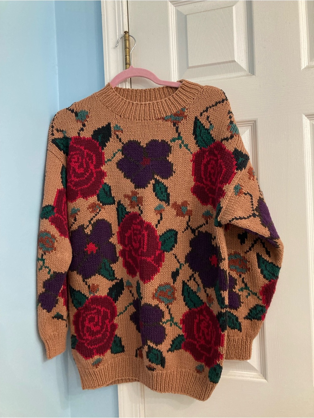 Brooks Brothers Tan Crewneck Sweater with Red Roses & Purple Flowers